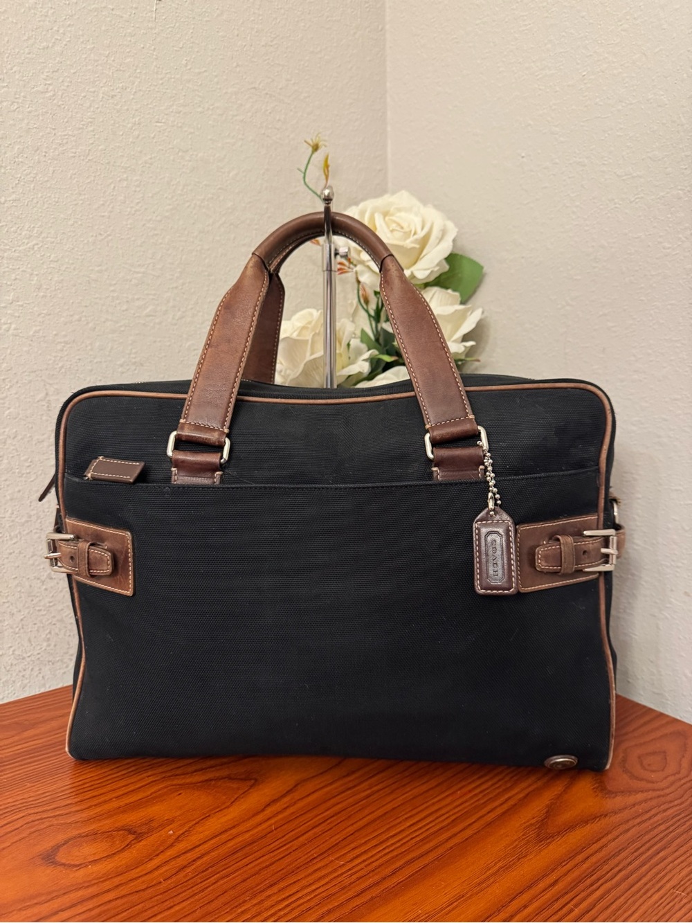Coach Black Canvas Briefcase with Brown Leather Trim